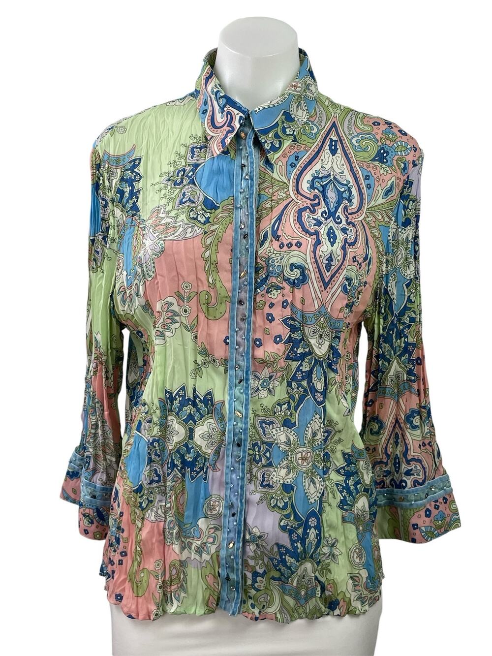 Vintage Jaipur Women's Multicolor Paisley Floral Bell Sleeve Button Up Shirt L